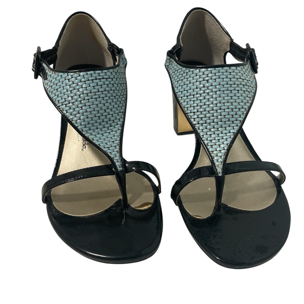 Blue and Black woven block heel sandals